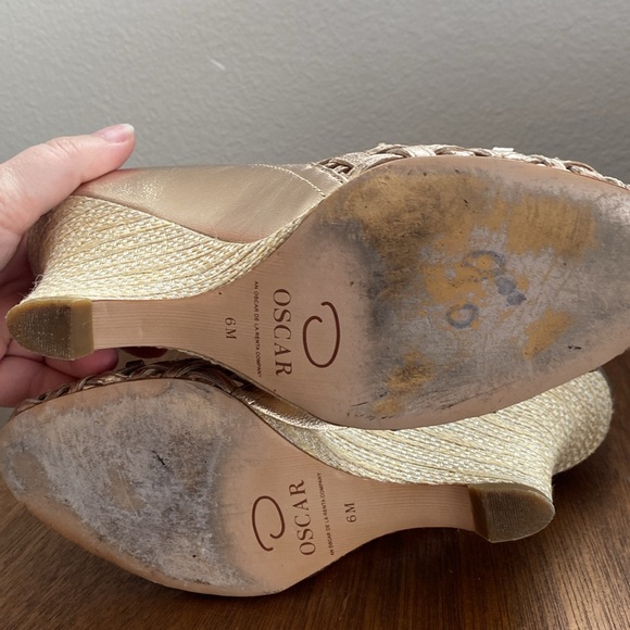 Oscar by Oscar de la Renta Gold Weaved Crystal Open Toe Wedge Heels, Women's 6 M - Picture 11 of 16